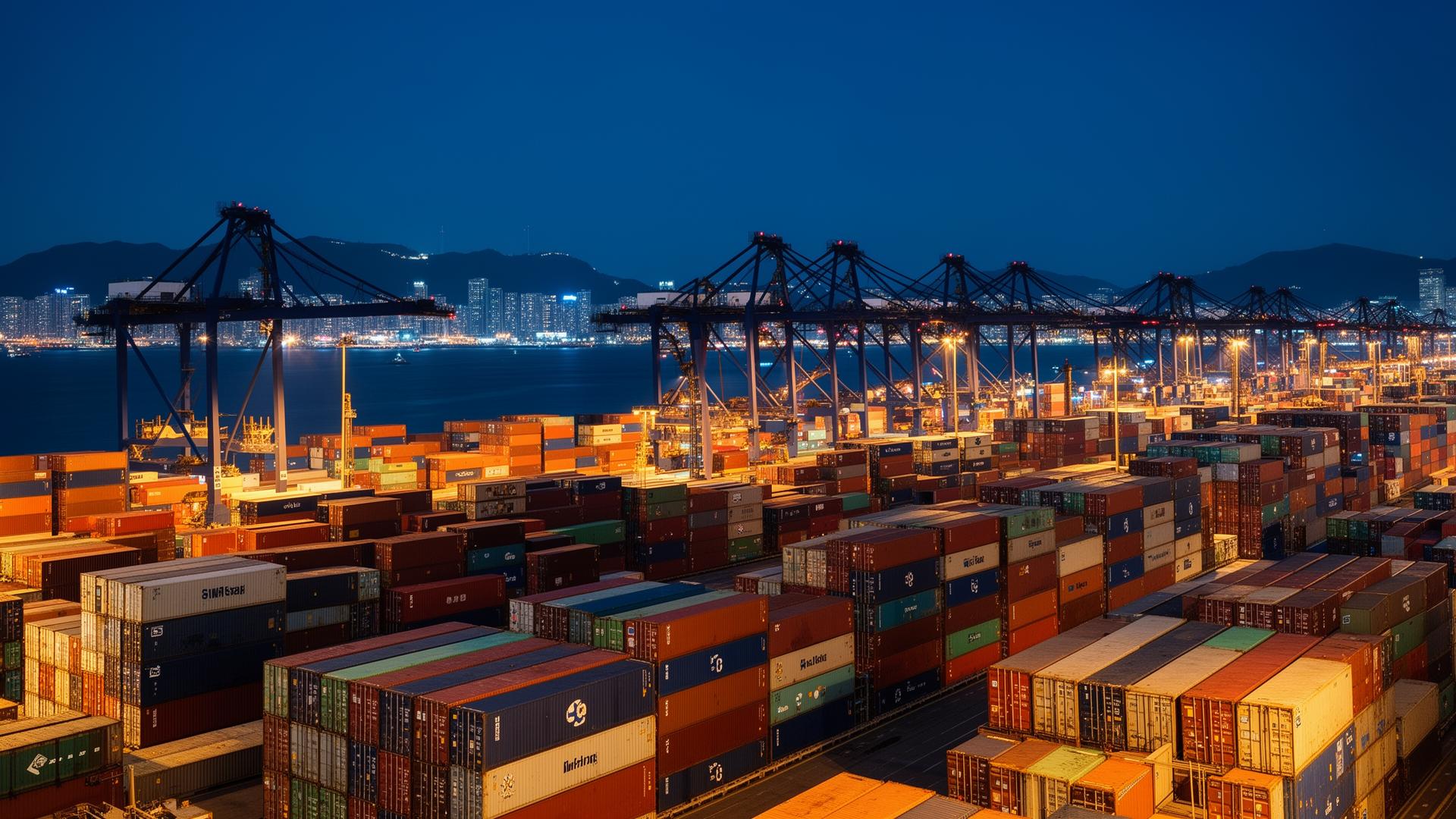 Hong Kong container terminal at dusk